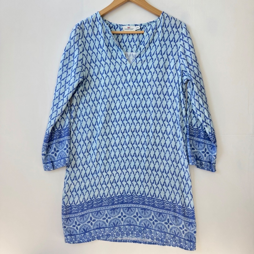 Vineyard Vines Blue Geometric Medallion Linen Blend Tunic Dress Womens XS